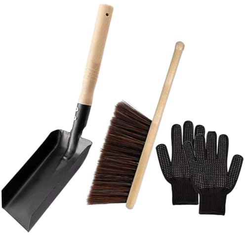 TOYANDONA Pulizia del Focolare con Scopa e Paletta in Acciaio al Carbonio e Manico in Legno Naturale Guanti in Silicone Resistenti per Pulizia Sicura e Facile Accessori Moderni per Focolare