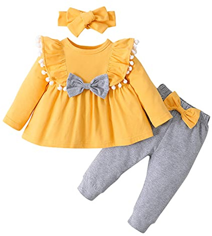 Générique Vêtement Bébé Fille 3-18 Mois Pas Cher Habits Ensemble Bebe Fille Naissance Haut Fille Manche Longue Uni avec Nœud Volants Tops Blouse Chemise Robe + Pantalon + Bandeau