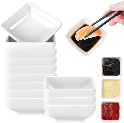 PORFOYO Ciotole in Ceramica, Set di 16 Ciotole per Salsa, Piatti per Condimenti, Ciotole per Salsa di Soia Quadrate Bianca, Perfette per Salse, Snack, Spezie, Contorni, Frutta e Condimenti, 7.3 cm