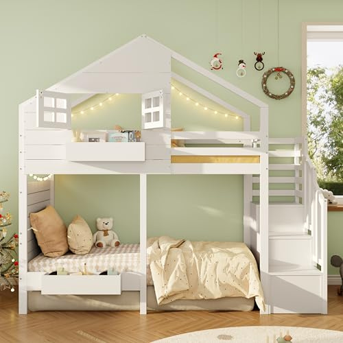 ModernLuxe Bunk Bed for Kids, Loft Bed 90x190cm with Storage Stairs & Window, Solid Wood Youth Bed with Safety Guard Rails, Children’s Bed in White - No Matress