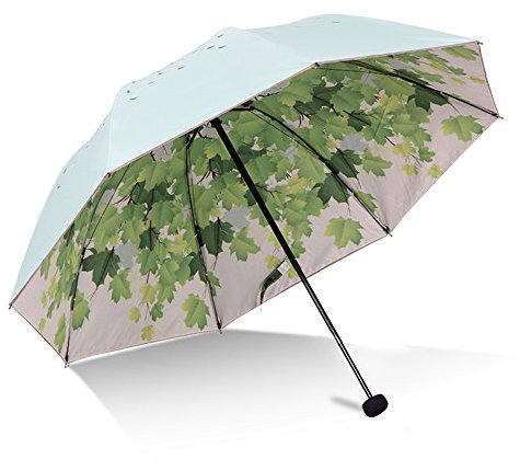 Green Tree Leaf Folding Travel Sun Umbrella Sunblock UV Protection UPF 50+ Rain Resistant Compact Size Parasol Fold into Purse (Green)