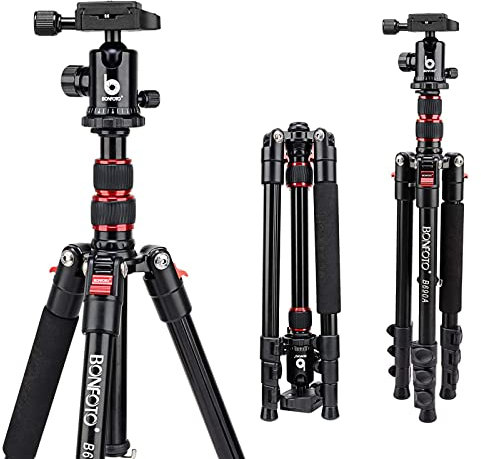 Kamera Stativ, BONFOTO B690A 136cm Aluminium-Leichtbau Reisestativ, 2-in-1 tragbares Kamerastativ Makrostativ mit 360°Panorama Kugelkopf und 1/4 Zoll Schnellwechselplatte für DSLR Kamera Camcorder