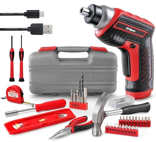 Hi-Spec 35-tlg Rotes Heimwerker-Werkzeugset mit wiederaufladbarem USB-Akkuschrauber, werkzeugkoffer klein, Gefüllt mit Akkubohrer, Bohrmaschine, Hammer und schraubendreher elektrisch.