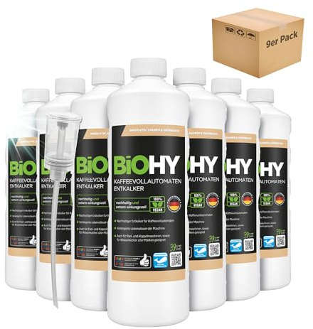BiOHY Helautomatisk avkalkare för kaffemaskin (9 x 1l flaska) + doser | Idealisk för avkalkning av alla kaffe- och espressomaskiner | Passar alla välkända märken (Kaffee Entkalker)