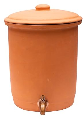 Village Decor Pentola per l'acqua fatta a mano in terracotta, include coperchio in argilla, vetro e supporto, sottobicchiere in legno e rubinetto in acciaio inossidabile (capacità 6,75 g)