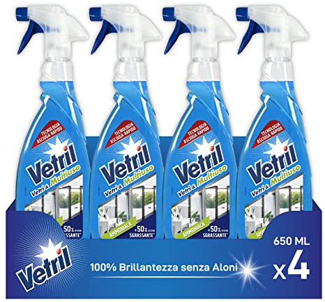 Vetril - Detergente Spray Vetri e Superfici con Ammoniaca, Azione Sgrassante e Brillantezza Senza Aloni, 650 ml x 4