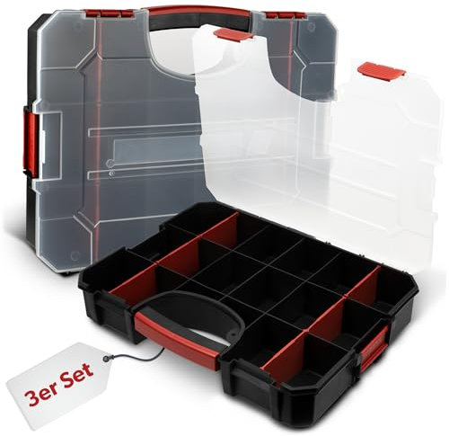 3 x siwitec Sortimentskasten, 16 Fächer und 6 anpassbare Trennstege, Sortimentsbox für Kleinteile, stapelbar, Werkzeug Organizer, Kleinteilemagazin, Sortimentskoffer aus Kunststoff 38 x 29 x 6,5 cm