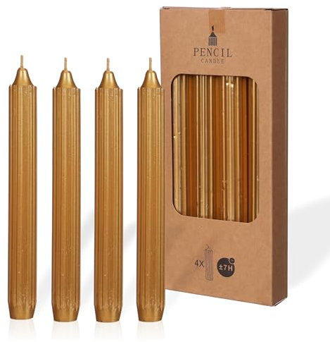COMFORDER Juego de 4 velas de mesa monocromáticas + acanaladas, 20 cm, 7 horas de combustión (dorado)