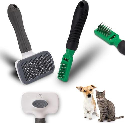 FinoPet 2er Set - Premium Hundebürsten und Katzenbürsten, Ideal für Langhaar & Kurzhaar, Inklusive Entfilzungsmesser - Perfekte Fellpflege & Krallenpflege für Hunde und Katzen