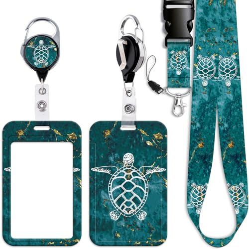 Juanooo Green ID Lanyard Card Holder & Retractable Badge Reel Clip Cool Keychain Beach Neck Lanyard for Keys ID Badges for Women Men Boys Cruise Ship Card ID Holder (Sea Turtle)
