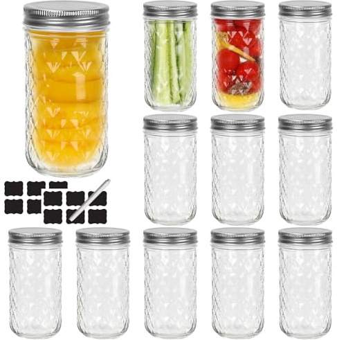 Yishik 12 Pack 12 oz Wide Mouth Crystal Mason Jars with Silver Lids, 350ml Glass Canning Jar Jelly Jars for Honey, Jam, Preserving, Pickling, Food Storage,Drinks & Wedding Favors