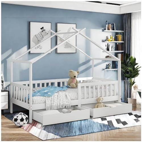 Racxily Cama para niños de 90 x 200 cm, con 2 cajones, con valla y somier de láminas, bonita cama tipo caseta con protección contra caídas, madera maciza, color blanco