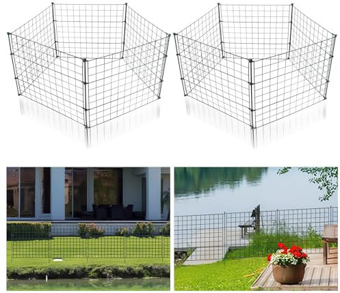 Duisrech Teichzaun Gartenzaun, 33 Stück Set Metall Steckzaun Metallgitter Gartenzäune - 15 Zaunelemente 18 Befestigungsstäbe (Gerade), Länge 11,25 m Metallzaun Grün