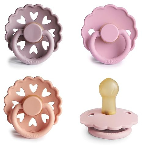 FRIGG Multipack Latex-Schnuller | 4'er Packung | Naturgummi/Naturkautschuk | Hergestellt in Dänemark | Symmetrischer Sauger in Kirschform | (Sunset Bliss, Größe 1 (0-6 Monate))