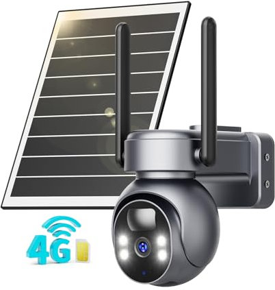 SEHMUA 4G LTE Celular Cámara Vigilancia Exterior con Panel Solar y Tarjeta SIM, 2K HD Cámara Visión 360° con Batería PTZ, Visión Nocturna Colorida y Detección PIR Humana, Impermeable IP66