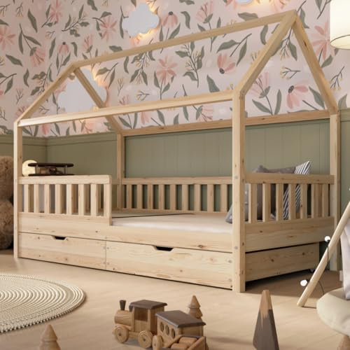Crazy Pine Hausbett mit Schubladen 140x200 cm – Kinderbett aus Naturholz mit Rausfallschutz – Skandinavisches Design, Montessori Bodenbett mit zusätzlichen Stauraum - Crazy Blanco