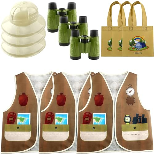 Flotory Costume da esploratore da 12 pezzi per bambini: 3 cappelli d'avventura, 3 binocoli in plastica, 3 gilet e 3 borse safari per Halloween, cosplay e feste della giungla