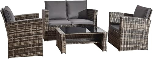 COSMO BUY 4-Seater Mix Grey Rattan Corner Sofa Set 4 Piece Indoor/Outdoor Home Rattan Garden Furniture Sets Patio Wicker Backyard Conservatory Sofa With Glass Top Coffee Table & All Cushions