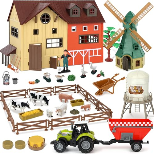 QiquBox Granja Juguete, Granja Animales Figuras Juguete con Granero Casa Molino de Viento Valla Tractor, Regalos Cumpleaños Navidad para Niñas Niños 3 4 5 6 7 Años