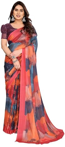ETHNICMODE Indian Saree For Women Printed Georgette Light Weight Jari Party Wear Multicolor Sari With Unstitched Black Blouse Piece-1153