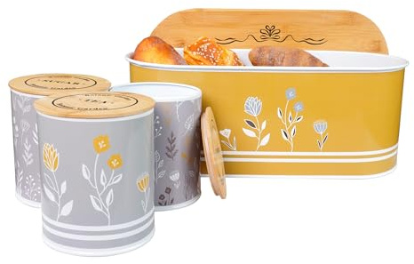 SiXsigma Sports Bread Bin & Tea Coffee Sugar Canisters Set - Kitchen Storage Bread Bin Containers With Airtight Lids For Kitchen Essentials - Ideal Christmas Gifts For Women (MT-FY-BCS)