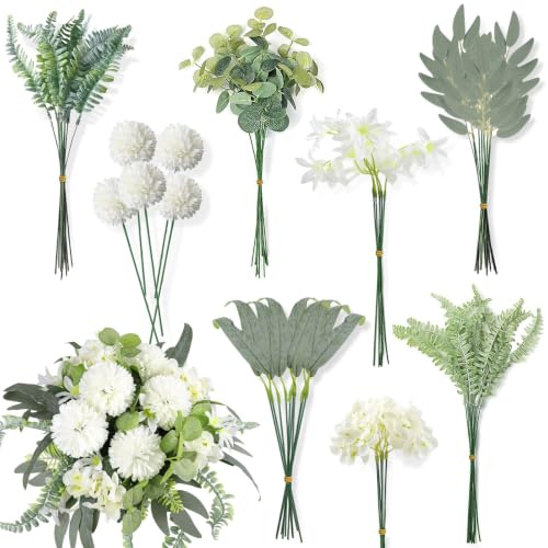 65 Stück Künstliche Zweige & Kunstblumen, Weiß Blumen Blätter Künstlich Dekozweige, Künstliche Pflanzen Blumen Deko Hortensien für Zuhause DIY Blumenstrauß Hochzeit Garten