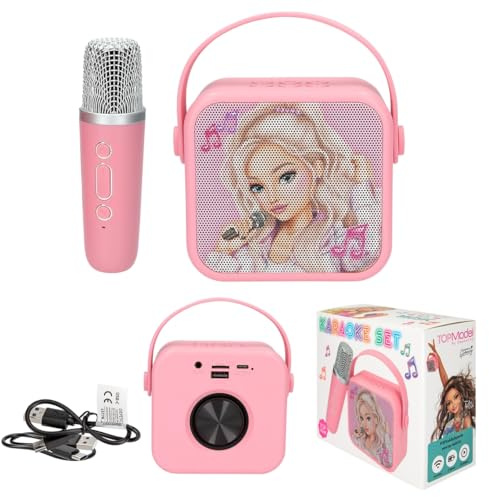 Depesche 13778 TOPModel - Set de Karaoke en Rosa, con Motivos de Modelos y asa de Transporte, Altavoz Bluetooth con Cambiador de Voz, 1 micrófono y Cable de Carga USB-C