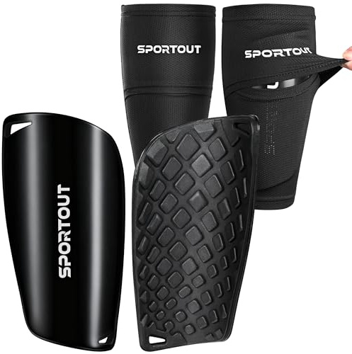 Sportout Soccer Shin Guards - Shin Guards Soccer Kids Youth Adult Protective Shin Pads with Sleeves and Insert Pocket for Boys Girls for Age 4-6, 6-8, 8-10,10-12,12-14,14-Adult (Black-1, L)