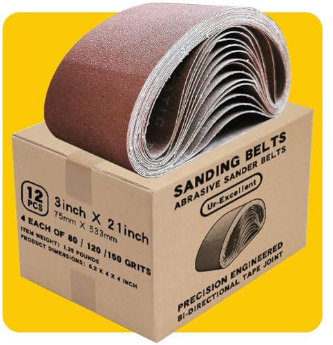 Bande Abrasive 75 x 533mm Bande de Ponceuse - Ensemble de Bandes Abrasives Mixte (4 X grains 80/120/150) pour Ponceuses à Bande, Idéale pour le Bois(12 pièces)