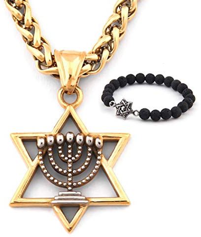 GUNGNEER Star of David Menorah Necklace Stainless Steel Charm Keel Chain Religious Jewish Jewelry for Men Women (28)