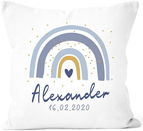 SpecialMe® personalisierbarer Kissen-Bezug zur Geburt Regenbogen Namenskissen Herz Geschenk Geburt Baby Jungen weiß 40cm x 40cm