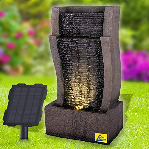 Solar Gartenbrunnen Brunnen Solarbrunnen Zierbrunnen Wasserfall Gartenleuchte Teichpumpe für Terrasse, Balkon, mit Pumpen, mit Liion-Akku & Led-Licht (RHEIN-Gold)