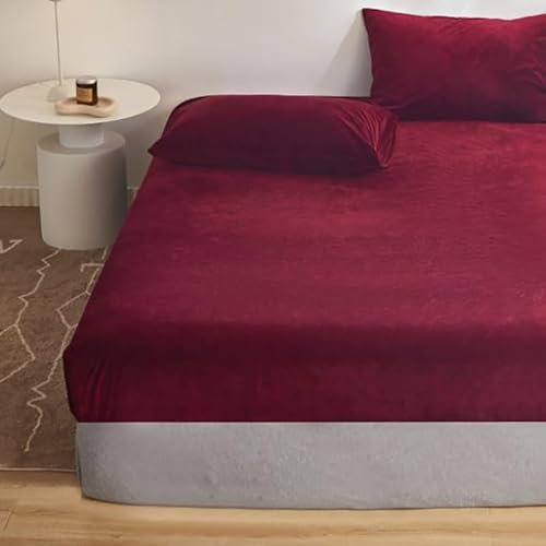 Michorinee Warme Fleece Spannbettlaken 140x200cm Cashmere Touch Kuschelig Flauschig Plüsch Flanell Bettlaken Spannbetttuch für Boxspringbett Topper Matratze bis 30 cm Hohe Weinrot