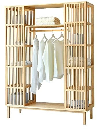 [en.casa] Perchero Burro Ropa Hudiksvall Armario Ropero con 2 Puertas Correderas 12 Estantes y 1 Barra de Colgar Perchero de Pie Bambú 185 x 140 x 45 cm Natural