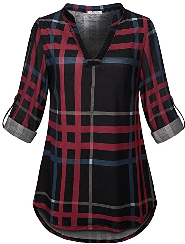 SeSe Code Black 3/4 Sleeve Tops for Women, Ladies V Neck Checked Work Plaid Shirts Fashion 2022 Blouses for Women