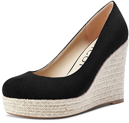 Aachcol Femmes Plate-Forme Compensé Escarpins Fermé Rond Bout Haut High Talon Heel Sandales Slip-on Dress Chaussures Classique Mariage Party 10 CM Noir Suède 39 EU