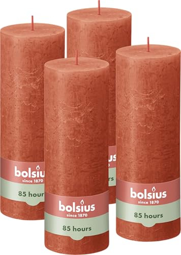 Bolsius - Bougie pilier rustique - Orange - 19 x 7 cm - 4 pièces - Durée de combustion de 85 heures - Sans parfum - Cire végétale naturelle - Sans huile de palme
