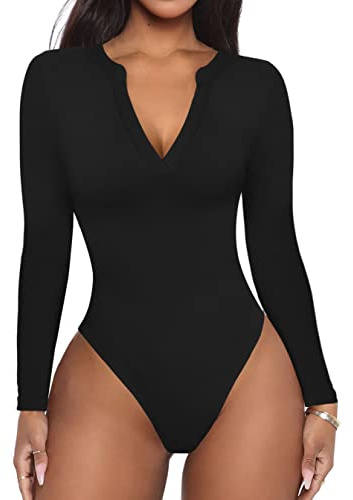 REORIA Women's Casual Sexy V Neck Fitted Long Sleeve T Shirts Work Slimming Ribbed Thong Leotards Bodysuits Tops Black Small