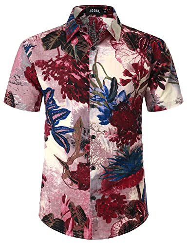 JOGAL Men's Hawaiian Shirt Short Sleeve Button Down Shirt WineredFlower L