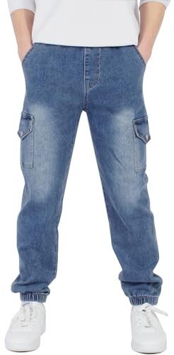 CAMLAKEE Boys Trousers Cargo Pants Kids School Jogging Bottoms Casual Streewear with Elastic Cuffs Denim UK:6-7 Years (manufacturers's Size: 130)