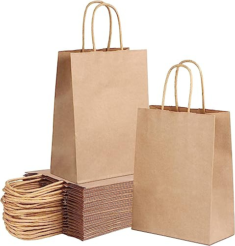 Lote 60 Bolsas de papel kraft medianas con asas 24 x 32 x 11 cm bolsas para regalos. Bolsas para comercios, ir al la compra de papel biodegradable, reutilizables ideales para regalar (Marrones)