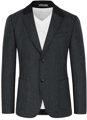 PaulJones Sakko herr vintage ullblandning kavaj med tweed kavaj 2 knappar normal passform, GRÅ, M