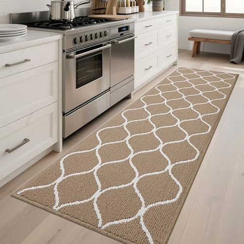 COSY HOMEER Tapis de Cuisine Antidérapant, 60 x 180 cm Tapis de Cuisine Devant Evier, Anti-salissures, Lavable en Machine pour Cuisine, Buanderie, Entrée, Couloir, Beige