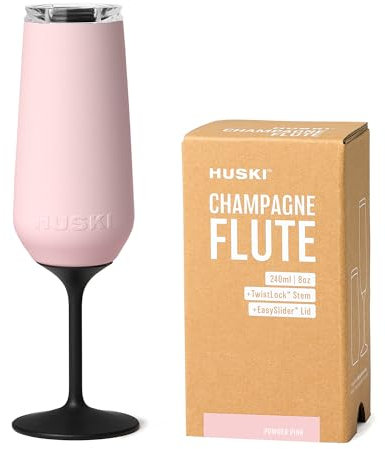 Huski Champagnerflöte | NEU | Preisgekröntes Design mit abnehmbarem Stiel | Premium Champagnerglas aus Edelstahl mit Deckel | Dreifach isolierter Becher | 240ml Fassungsvermögen (Puderrosa)