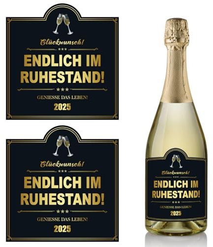 2 Stück Endlich im Ruhestand Flaschenetikett 9,8x9,8cm Flaschenetiketten Weinflaschen Aufkleber selbstklebend Etikett Geschenke für Rentner Party Rente Renteneintritt Pension