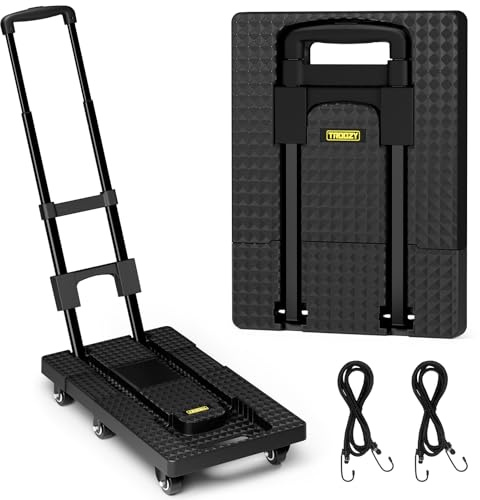 Folding Hand Trucks, Heavy Duty Dolly Cart with 6 Wheels & 2 Elastic Ropes, Foldable & Ideal for Luggage, Travel, Moving, Shopping, Office Use, Hold Up to 500 LB, Easy to Store, Coal Black