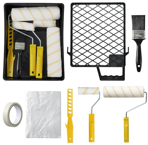QILICZ Juego de 12 rodillos de pintura con bandeja de pintura, varilla de pintura, protector de pantalla, pincel de pintura, rejilla de goteo, rodillo de pintura con casquillos de repuesto, juego de