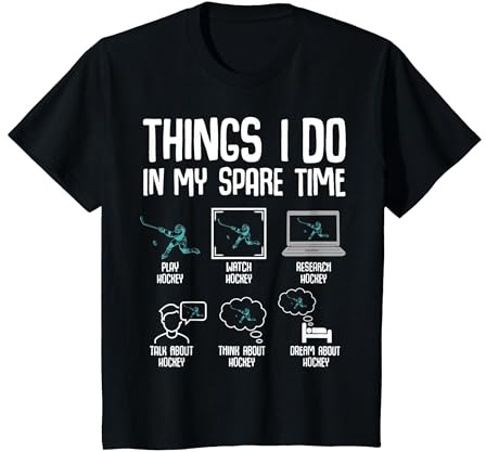 Hockey Things I Do in My Spare Time Ice Hockey Kids Boys T-Shirt, Youth, Black, Large