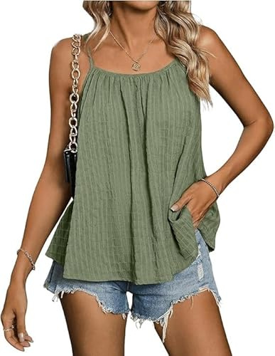 Sukiglam Women Cami Tops UK Summer Sleeveless Scoop Neck Strappy Vest Top Ladies Loose Fit Spaghetti Strap Tank Tops Casual Pleated Going Out Top Light Breathable Camisole Shirts Green