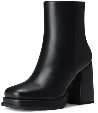 CELLENZ Women Platform Ankle Boots: Fashion Platform Boots - Black Leather Fall Ankle Boots - Chunky Heel Short Booties Womens Size 9
